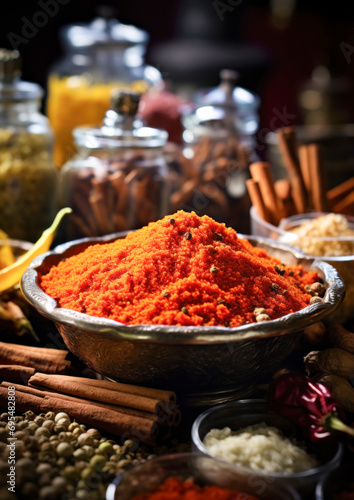 Indian spices arrange in the pot