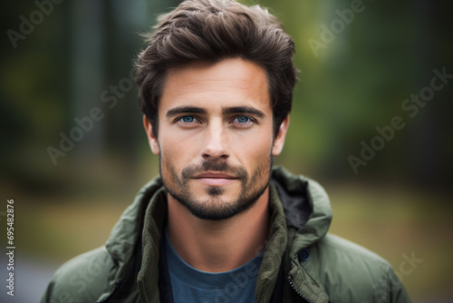 Generative AI portrait of attractive young man outdoors autumn landscape