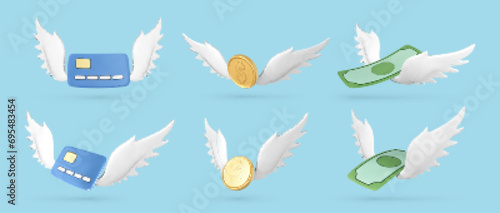 3D credit card, gold coin and dollar bill with wings isolated on blue background. Finance and banking. Lost money concept. Vector 3d illustration
