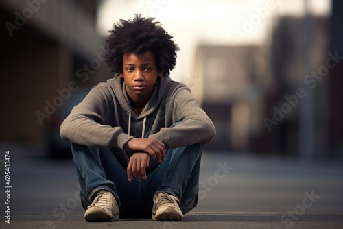 Young teen boy feeling lonely and sad on a street photo