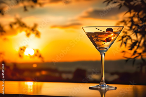 Martini sunset  a glass of martini set against a warm  colorful sunset backdrop  creating a sophisticated and atmospheric scene of relaxation and indulgence.