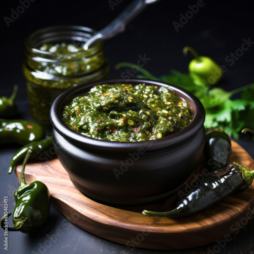 Green chilli sauce or thecha in bowl photo