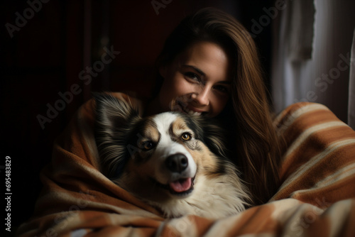AI generated image of cheerful nice person wrapped in blanket hugging dog in cozy room © Tetiana