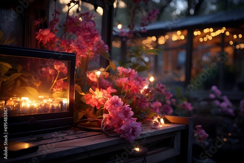 Blurred view of a cozy home in the evening with a lot of flowers