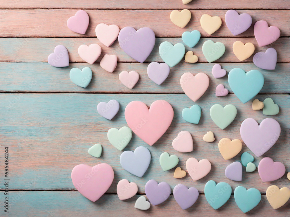 Cute pastel hearts wood table surface
