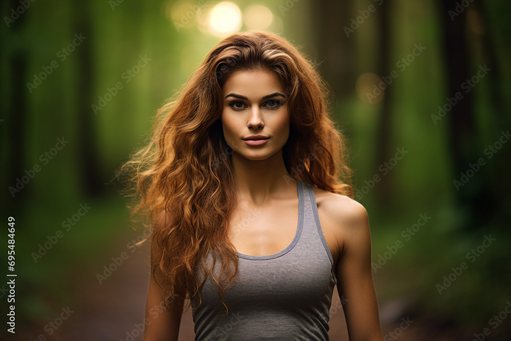 Generative ai image of healthy sporty girl running in green forest in morning Generative ai image of healthy sporty girl running in green forest in morning
