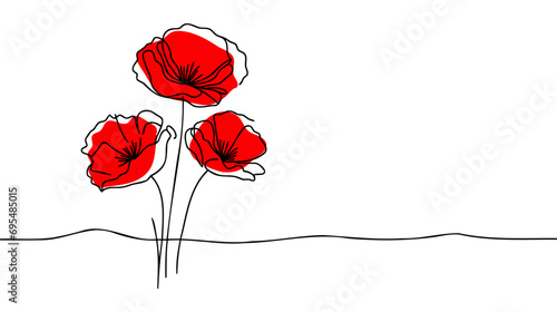 Poppy flowers in continuous line art drawing style. Doodle floral border with two flowers blooming among grass.