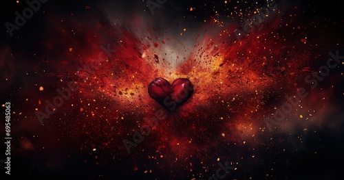 Fiery Passion: A burning, fragmented heart amidst a dark, mysterious atmosphere photo