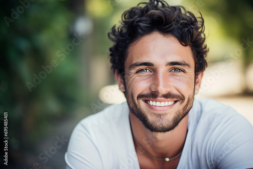 Cheerful attractive man model on city street on summer sunny day generative ai