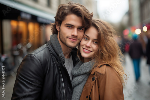 AI generated image of cheerful happy couple having fun walking on city street
