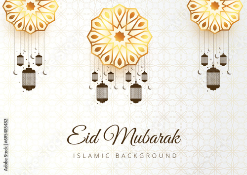 Premium Eid Mubarak psdblack moon golden pattern glowing with white background 3d render concept