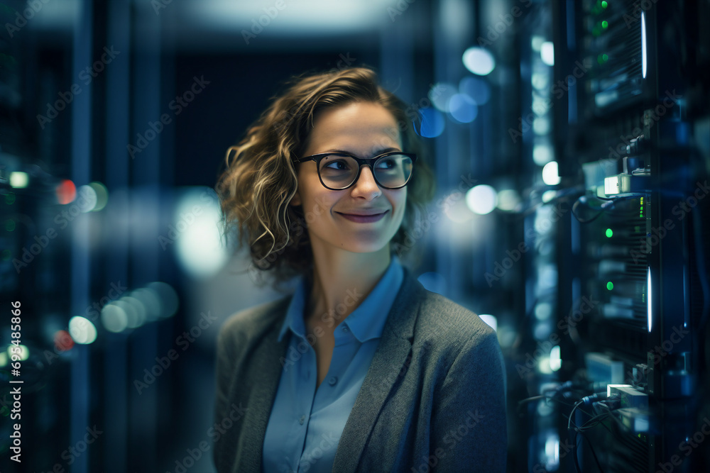 Generative AI conceptual portrait of successful business person man woman hacker programmer in office Generative AI conceptual portrait of successful business person man woman hacker programmer in office