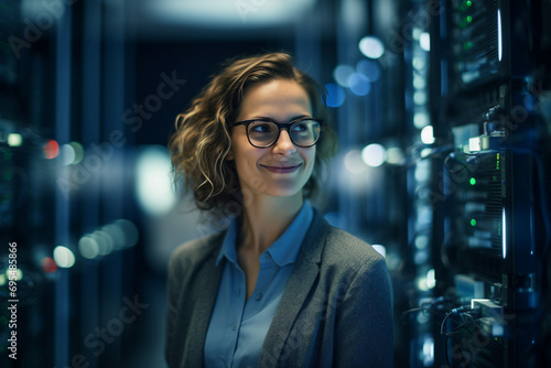 Generative AI conceptual portrait of successful business person man woman hacker programmer in office