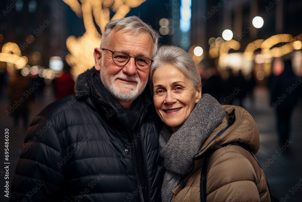 Generative AI portrait of retired couple in big city urban scene hugging spend time