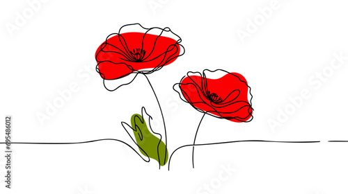 Poppy flowers in continuous line art drawing style. Doodle floral border with two flowers blooming among grass.