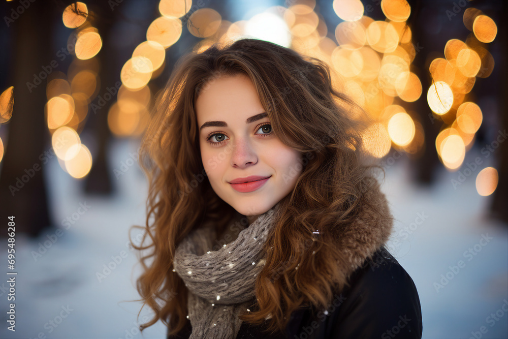 AI generated picture of charming girl walking on xmas market on street in evening AI generated picture of charming girl walking on xmas market on street in evening