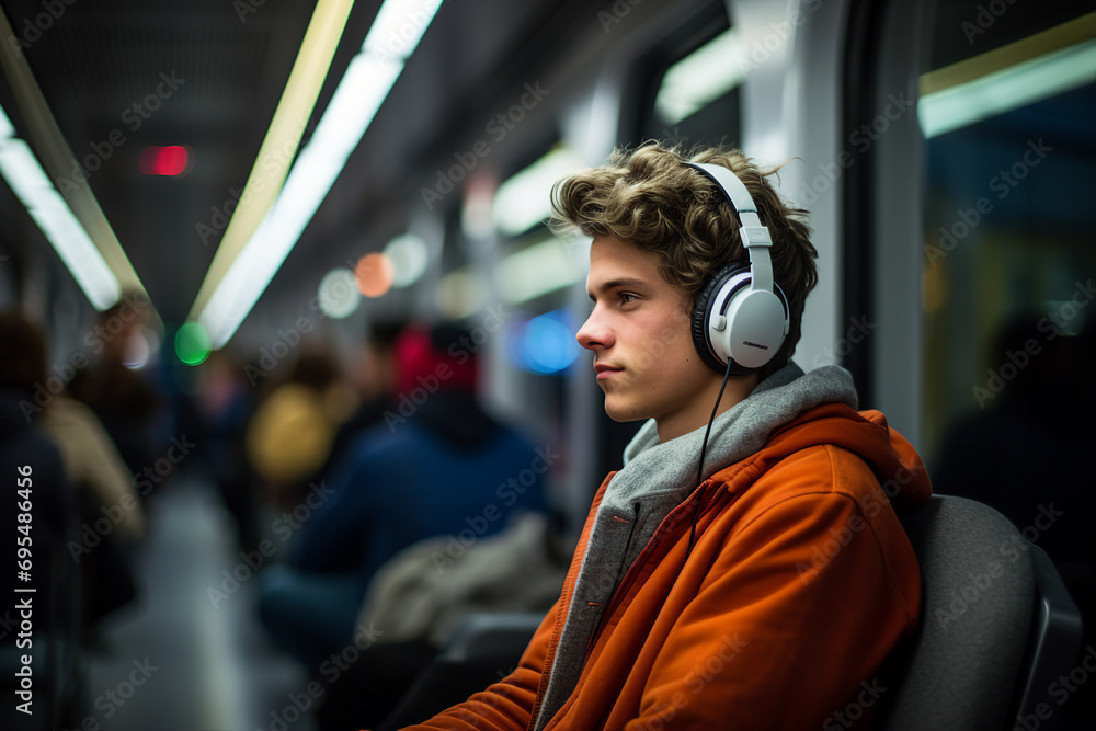 AI generated picture of young people in headphones listening and relaxing in bus AI generated picture of young people in headphones listening and relaxing in bus