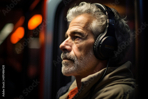 Dreamy handsome man in headphones listening to music while riding in train generative ai