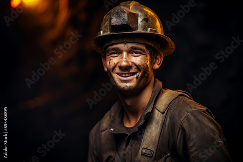 Person in protective helmet extracting energy resources and natural minerals generative AI © Tetiana