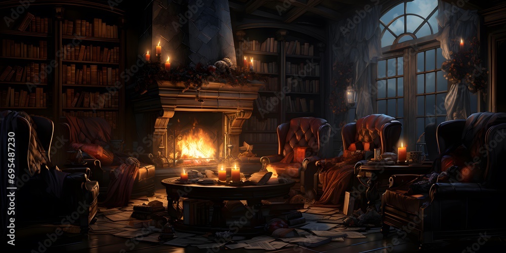 Cozy living room with fireplace, armchair and books. Cozy home interior.