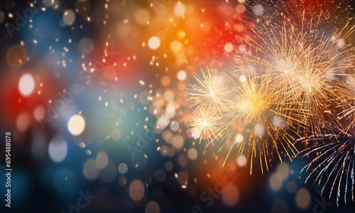 Colorful fireworks with bokeh background for New Year celebration.