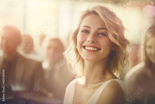 Glass Ambiance Leadership: A Smiling Business Woman Leads a Group, Conveying Approachable Authority in this Inspirational Group Portrait