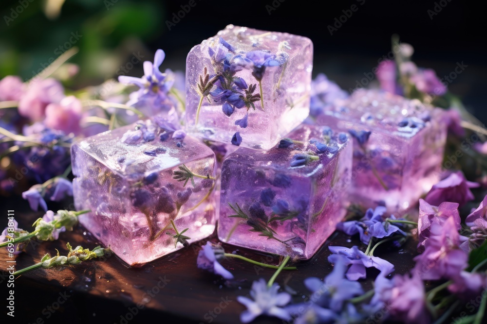 a group of ice cubes sitting on top of a wooden table covered in purple flowers and greenery on top of a wooden table next to each other ice cubes. a group of ice cubes sitting on top of a wooden table covered in purple flowers and greenery on top of a wooden table next to each other ice cubes.