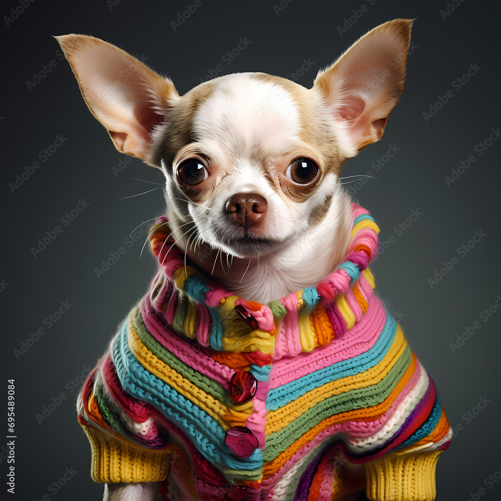 Chihuahua in a colorful sweater, Canine Couture: Stylish Pup in Colorful Sweater Chihuahua in a colorful sweater, Canine Couture: Stylish Pup in Colorful Sweater