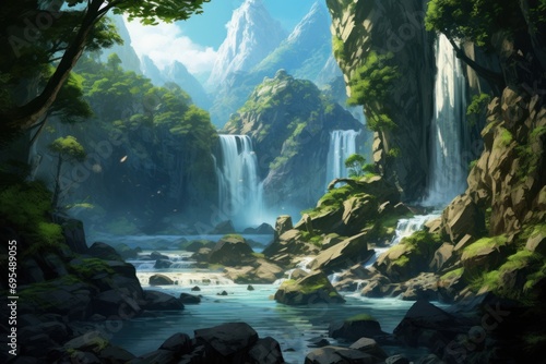  a painting of a waterfall in the middle of a forest with rocks and a stream running through the middle of the forest, with a mountain range in the background.