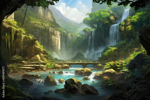  a painting of a waterfall in the middle of a forest with rocks and a stream running through the middle of the forest, with a waterfall in the middle of the foreground. photo