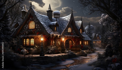 Winter night in the village. Illustration of a winter night in the village.