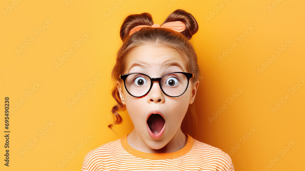 Cute little girl surprised face looking at camera wearing glasses Cute little girl surprised face looking at camera wearing glasses