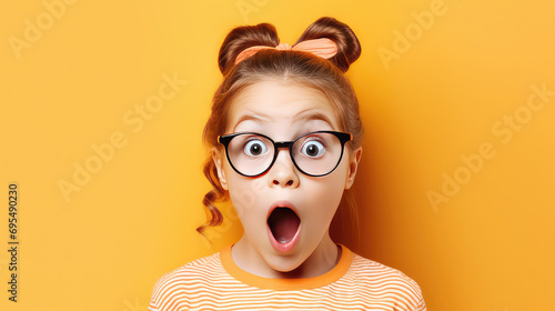 Cute little girl surprised face looking at camera wearing glasses photo