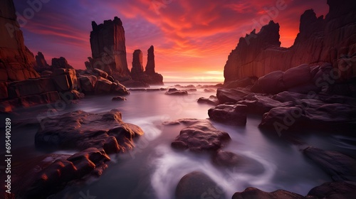 Panoramic view of the sunset over the rocks in the sea