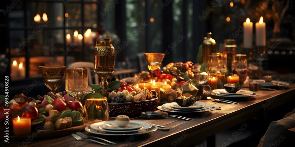 Elegant Christmas table setting with candles. Panorama. Selective focus.