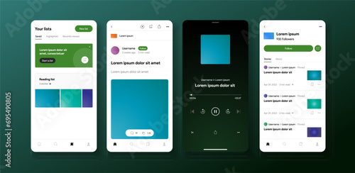 The medium mobile app interface. Text blog social media screen mock-up. Portfolio account for bloggers and writers. Audio podcast and article template. Vector illustration.