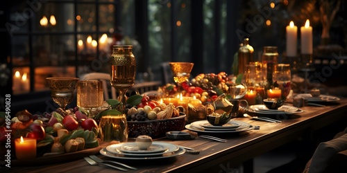 Elegant Christmas table setting with candles. Panorama. Selective focus. photo