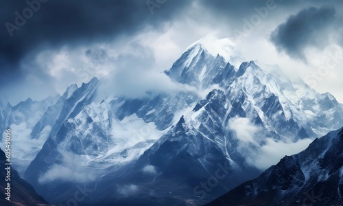 A Landscape Of High Mountains In The Grey Clouds Against A Background Of A Cloudy Sky