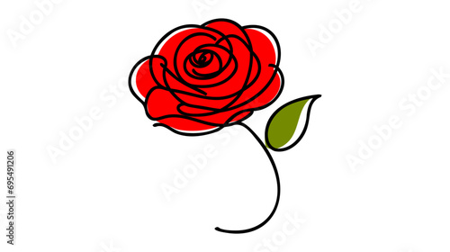 Red rose flower. Continuous one line drawing. Vector illustration. Line art rose with green leaf.