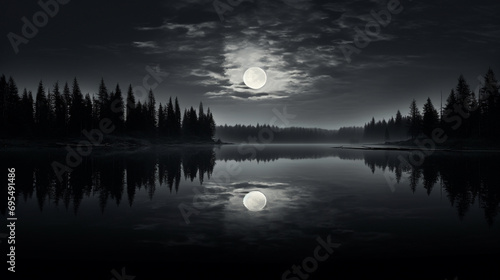 Full moon astral beauty, serene lake, calm water reflection, chiaroscuro style, black and white, dramatic gradients, surreal tranquility photo