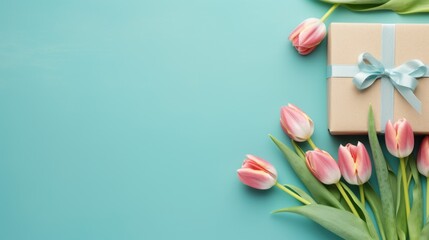 A bouquet of pink tulips and a gift on a blue background. Spring greeting for birthday, Easter or Mother's day.