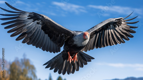 Majestic bird in flight, mid-air motion, blue sky, sharp features, graceful flight mechanics photo