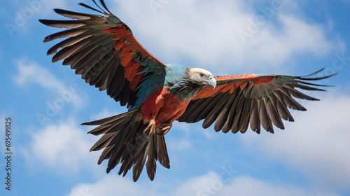 Majestic bird in flight, mid-air motion, blue sky, sharp features, graceful flight mechanics photo