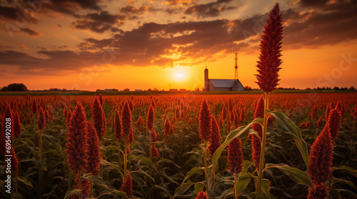 Sorghum field, late summer, cloud-lit dramatic sunset, amber tones, wooden windmill distance, fine-art landscape, textures, details, depth of field photo