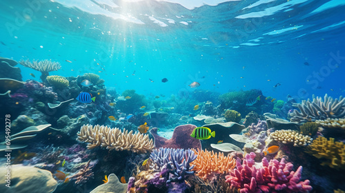 underwater scene, vibrant coral reef, diverse marine life, warm sunlight, hyper-realistic color grading, photo