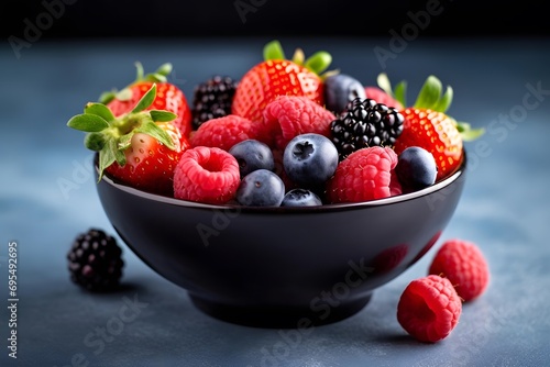 Blackberries  blueberries and raspberries in a bowl on a blue background