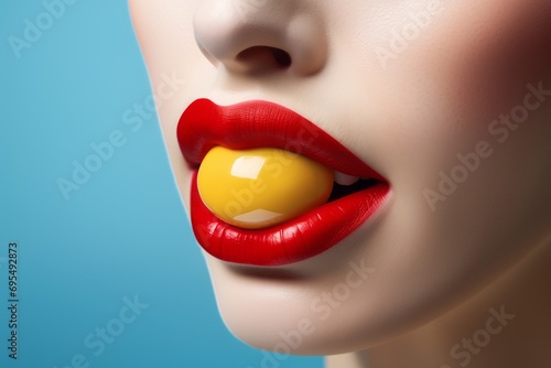 Closeup portrait of beautiful woman lips with yellow candy in mouth.