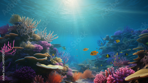 an underwater scene with colorful corals and tropical fish, illuminated by sunlight filtering through the water.