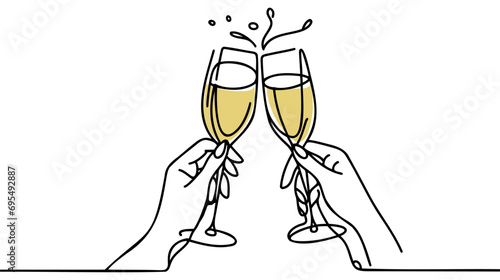 Continuous line champagne cheers one line art, continuous drawing contour. Hands toasting with wine glasses with drinks. Cheers toast festive decoration for holidays. Vector illustration