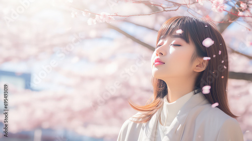 Cute Japanese girl at sakura blooming garden photo